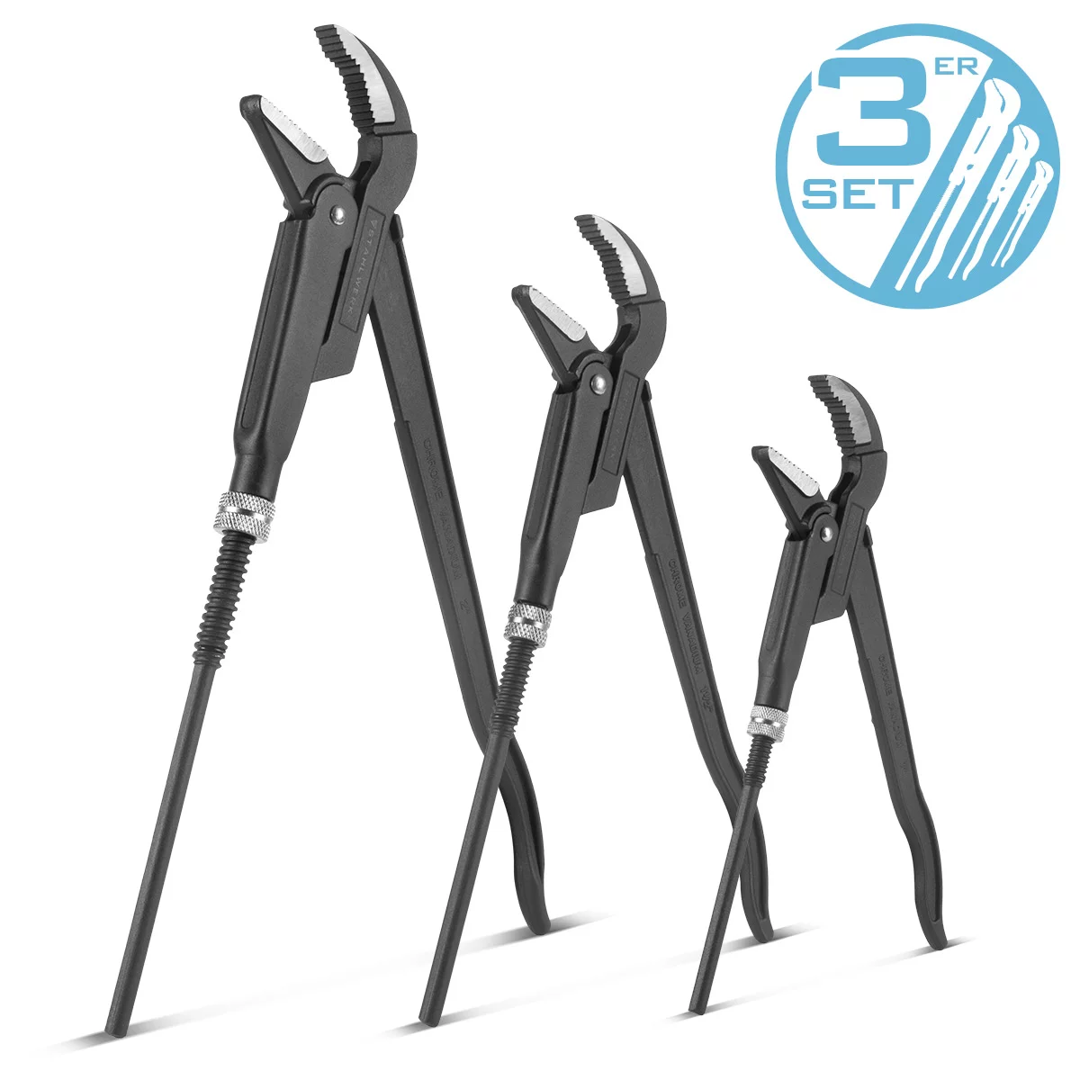 STAHLWERK Rohrzangen 3er Set 1, 1,5, 2 Zoll Chrom-Vanadium Wasserpumpenzangen