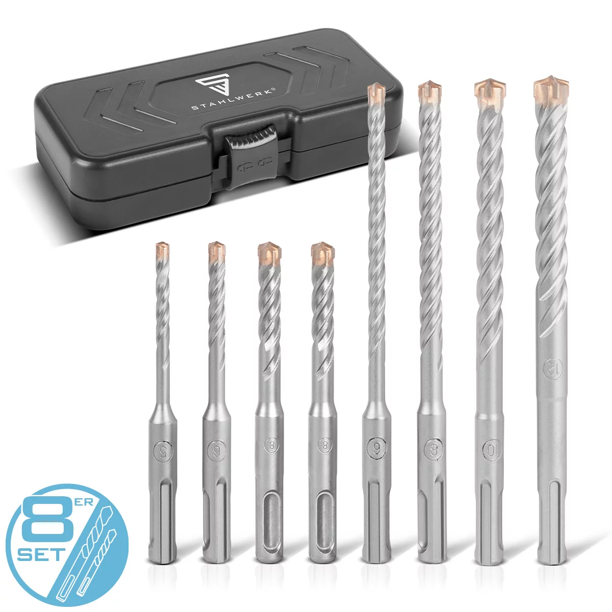 STAHLWERK SDS-Plus-Bohrer Set 8-teilig, 5-12 mm mit Box Ideal für Stein Beton