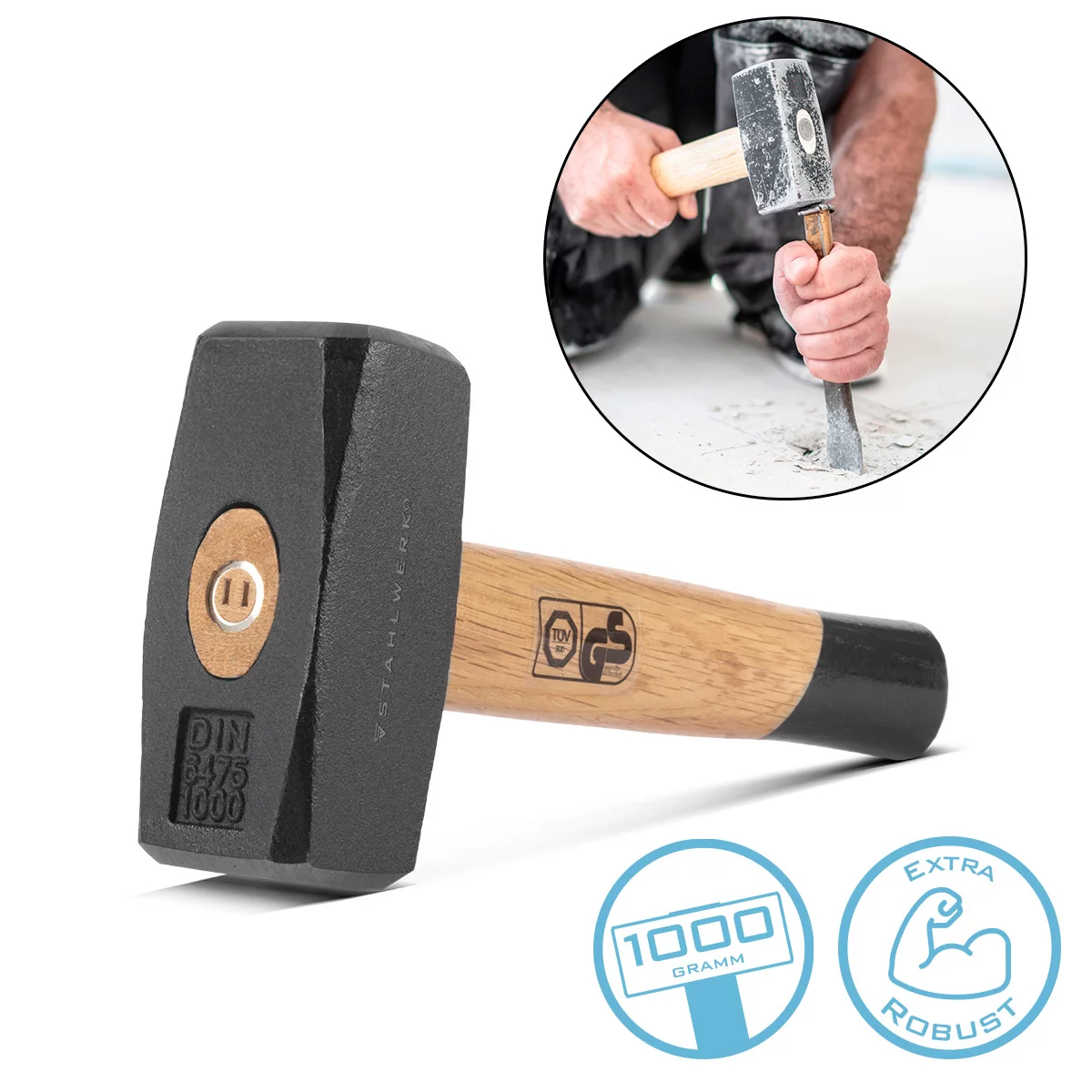 STAHLWERK Fäustel 1000g Plattenhammer aus Carbon-Stahl Holzstiel Vorschlaghammer