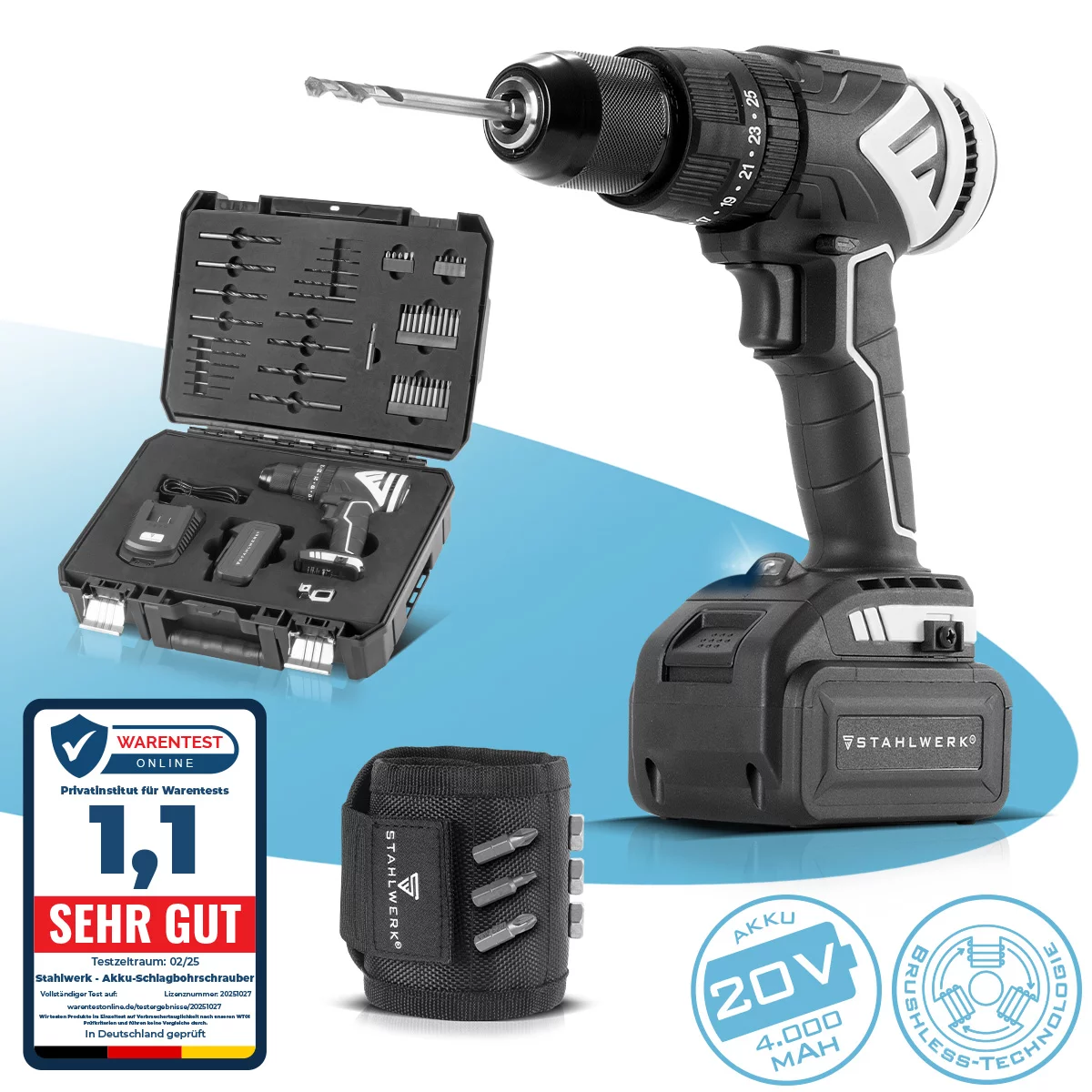 STAHLWERK Profi Set Akku-Schlagbohrschrauber ASB-20 ST Brushless mit 1 x 4 Ah Akku und Handwerker Magnet Armband