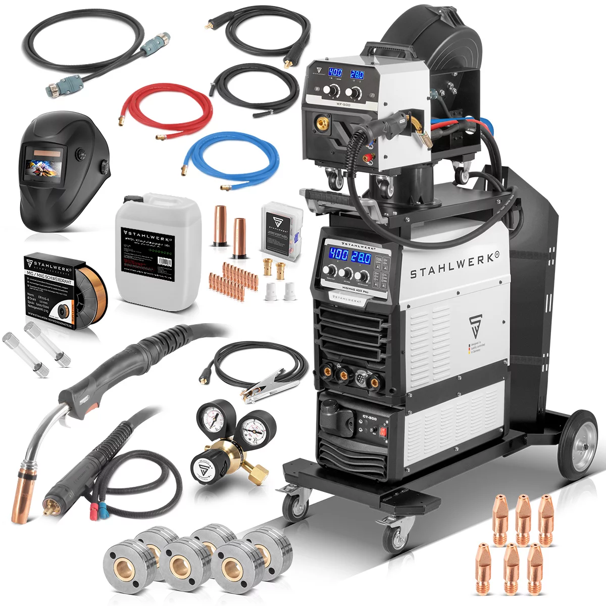 STAHLWERK Schweißgerät MIG MAG 400 Pro Vollausstattung, Vollsynergischer, wassergekühlter IGBT Inverter mit 400 A und Puls-Funktion 3-in-1 Kombi-Schweißanlage MIG MAG | MMA | Lift-TIG