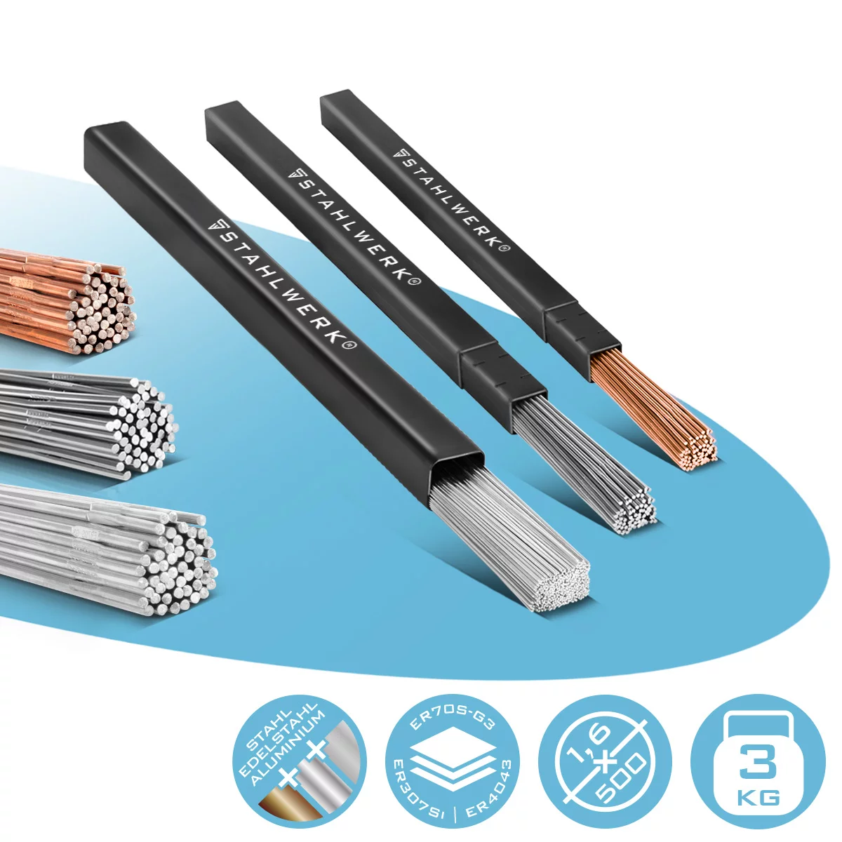 STAHLWERK Schweißstäbe Set ER70S-G3 Stahl & ER307Si Edelstahl hochlegiert & ER4043Si5 Aluminium / Ø 1,6 x 500 mm / je 1kg WIG Schweißzusatz