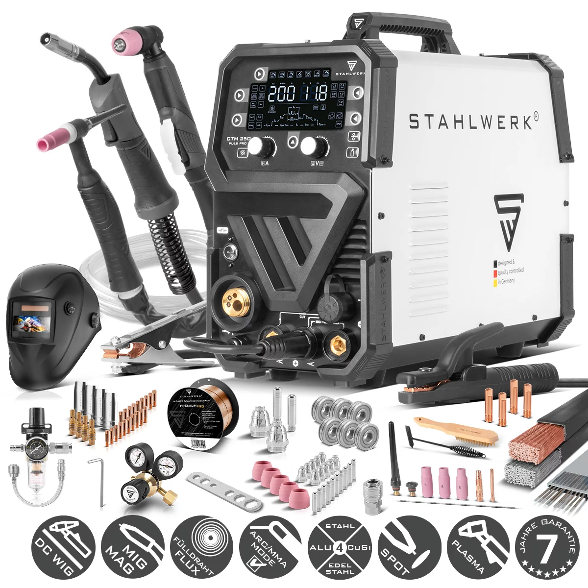 STAHLWERK 6 in 1 Kombi-Schweißgerät CTM-250 Puls Pro mit 200 A und 45 A Plasma-Funktion Vollausstattung
