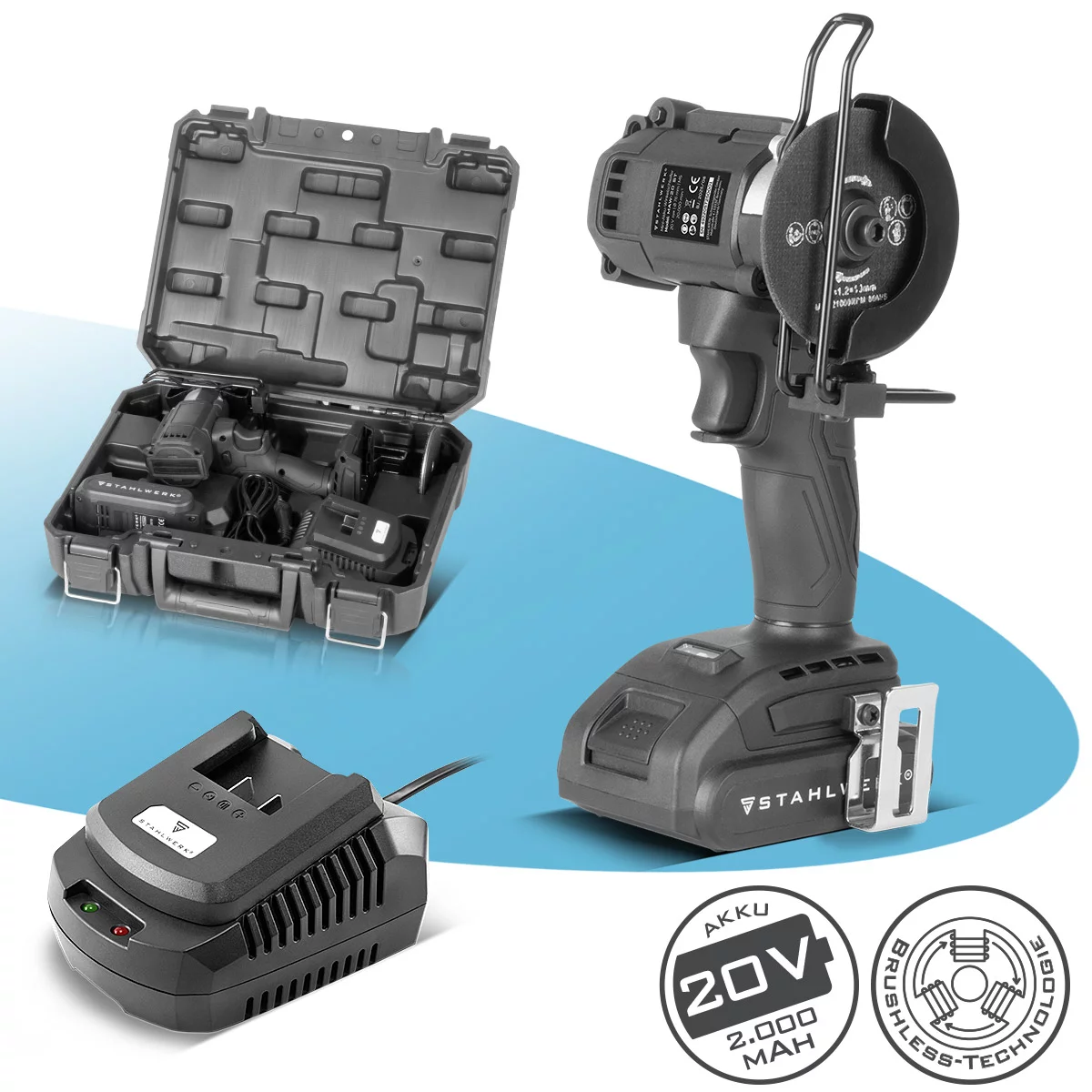 STAHLWERK Brushless Mini-Akku-Winkelschleifer MAW-20 ST mit 2000mAh Akku