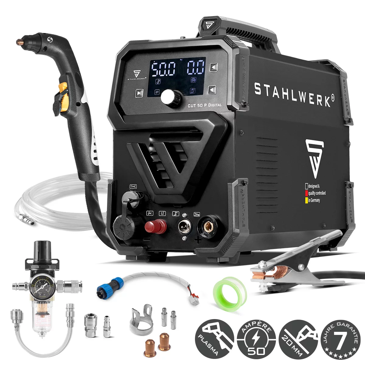 STAHLWERK Plasmaschneider CUT 50 P Digital | 50 A Inverter-Plasmaschneider | HF-Pilotzündung | Digitalanzeige | THC-Schnittstelle für CNC | Schneidleistung bis 20 mm | Plasma Cutter mit 2T/4T-Funktion