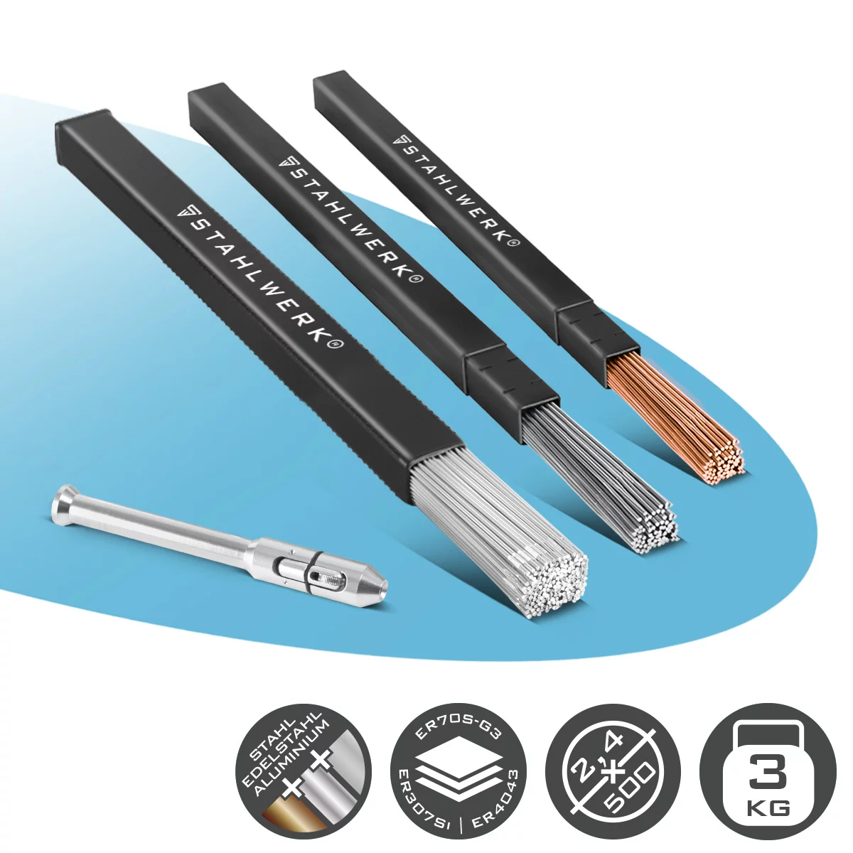 STAHLWERK WIG Schweißstäbe Set mit TIG-Pen | ER70S-G3 Stahl + ER307Si Edelstahl + ER4043Si5 Aluminium | Ø 2,4 mm x 500 mm | je 1 kg Pack | Schweißdrahthalter 0,8–3,2 mm und Transportboxen inklusive
