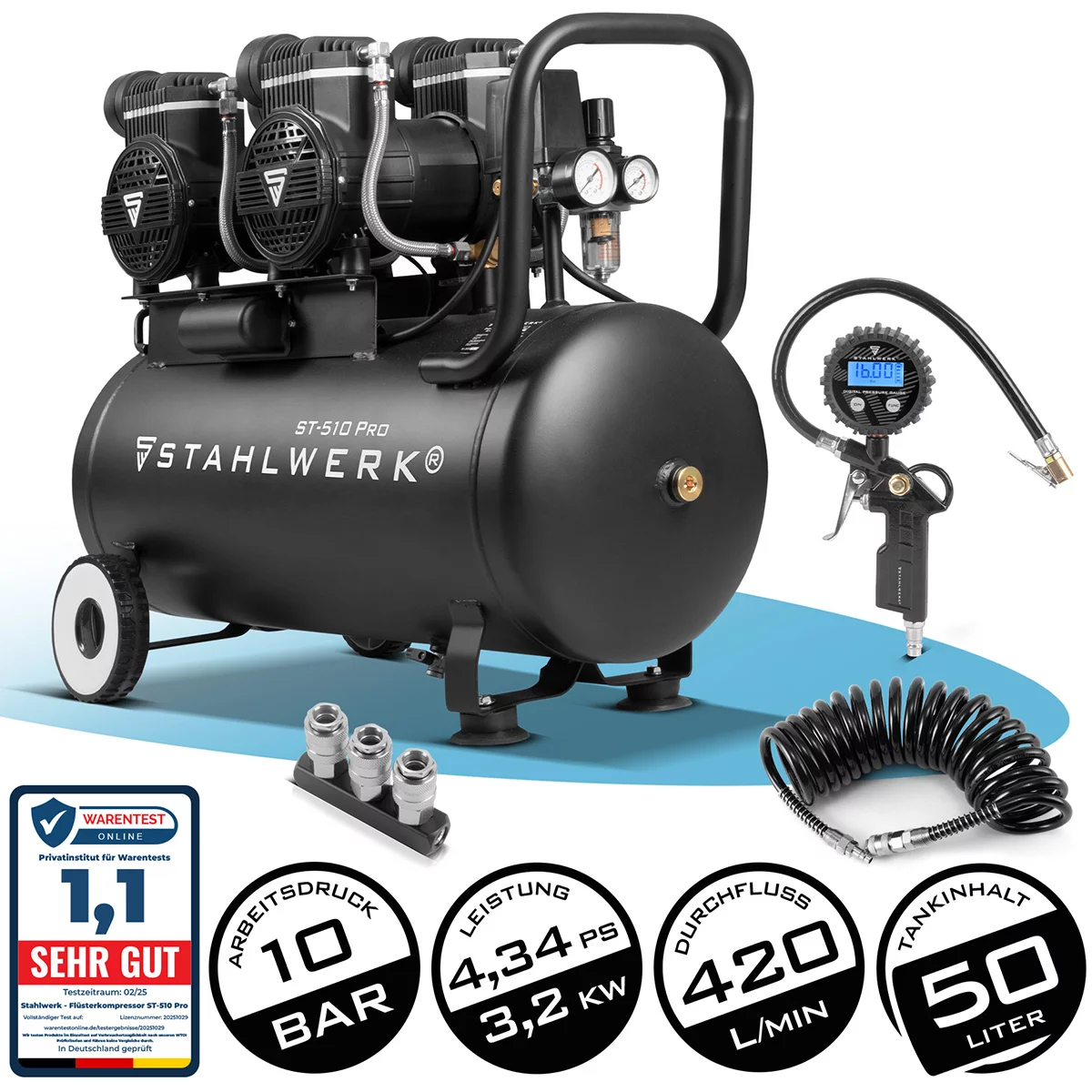STAHLWERK Kompressor ST-510 Pro Vollausstattung 10 bar 4,3 PS 3,2 kW 420 l/min 50 l Tank ölfrei