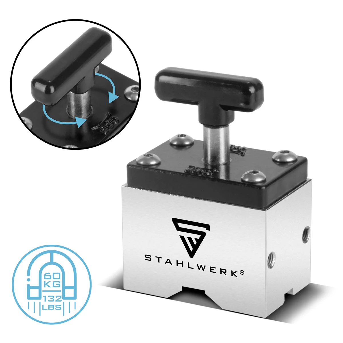 STAHLWERK Vierkant Haftmagnet | Schaltbarer Magnetblock | Flexibler Vierkant Magnet mit Ein-/Aus-Schalter und 60 kg Tragkraft