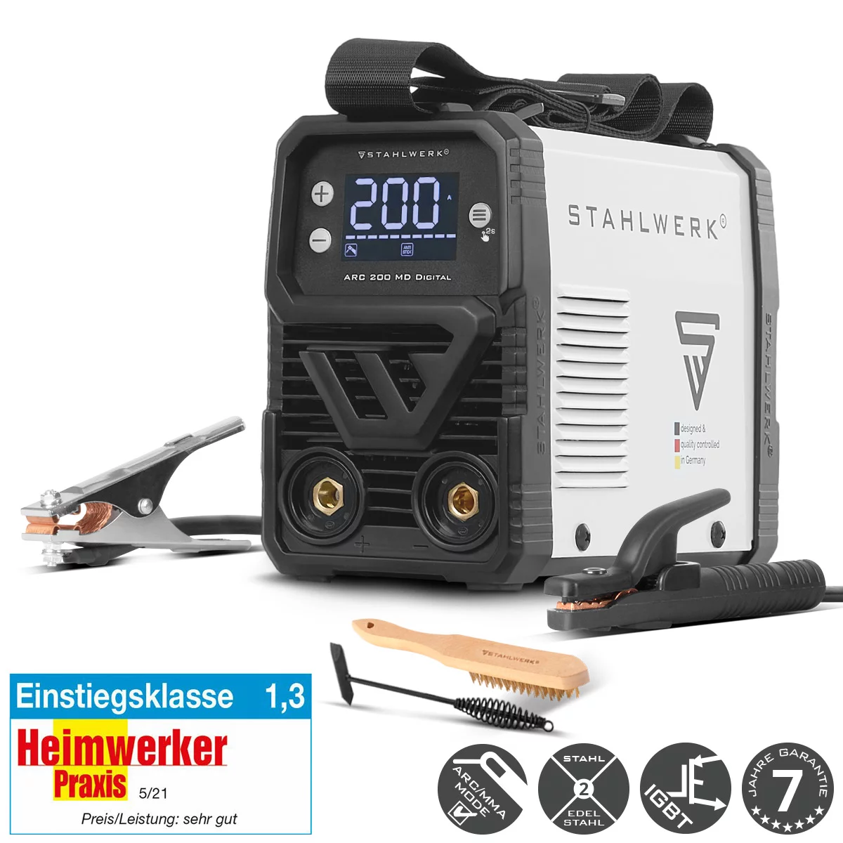 STAHLWERK ARC 200 MD Digital Elektroden-Schweißgerät DC MMA / E-Hand, Lift-TIG | Echte 200 Ampere | Digital-Display mit Menü | Hotstart, Anti-Stick, ARC-Force, VRD | Smart-Kühlung | IGBT-Technologie