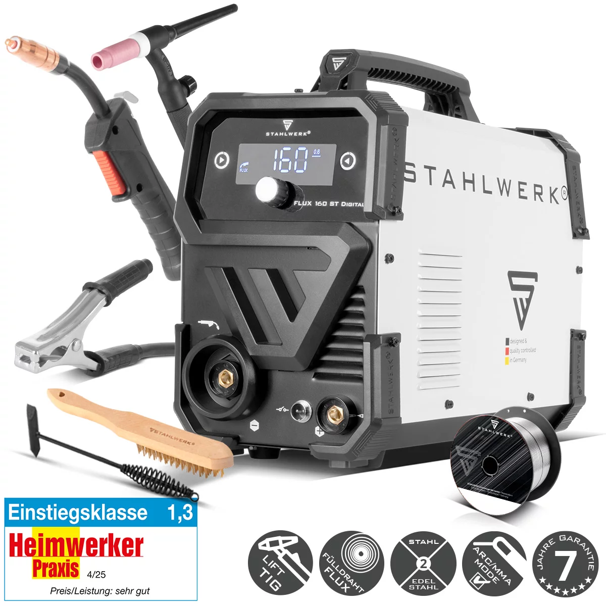 STAHLWERK FLUX 160 ST Digital | Lift TIG Starter-Set | 3-in-1 Fülldraht-Inverter 160 A | WP-17V Universal Lift-Tig-Brenner | Kombi-Schweißgerät für FLUX, MMA, Lift-TIG | Schweißen ohne Schutzgas