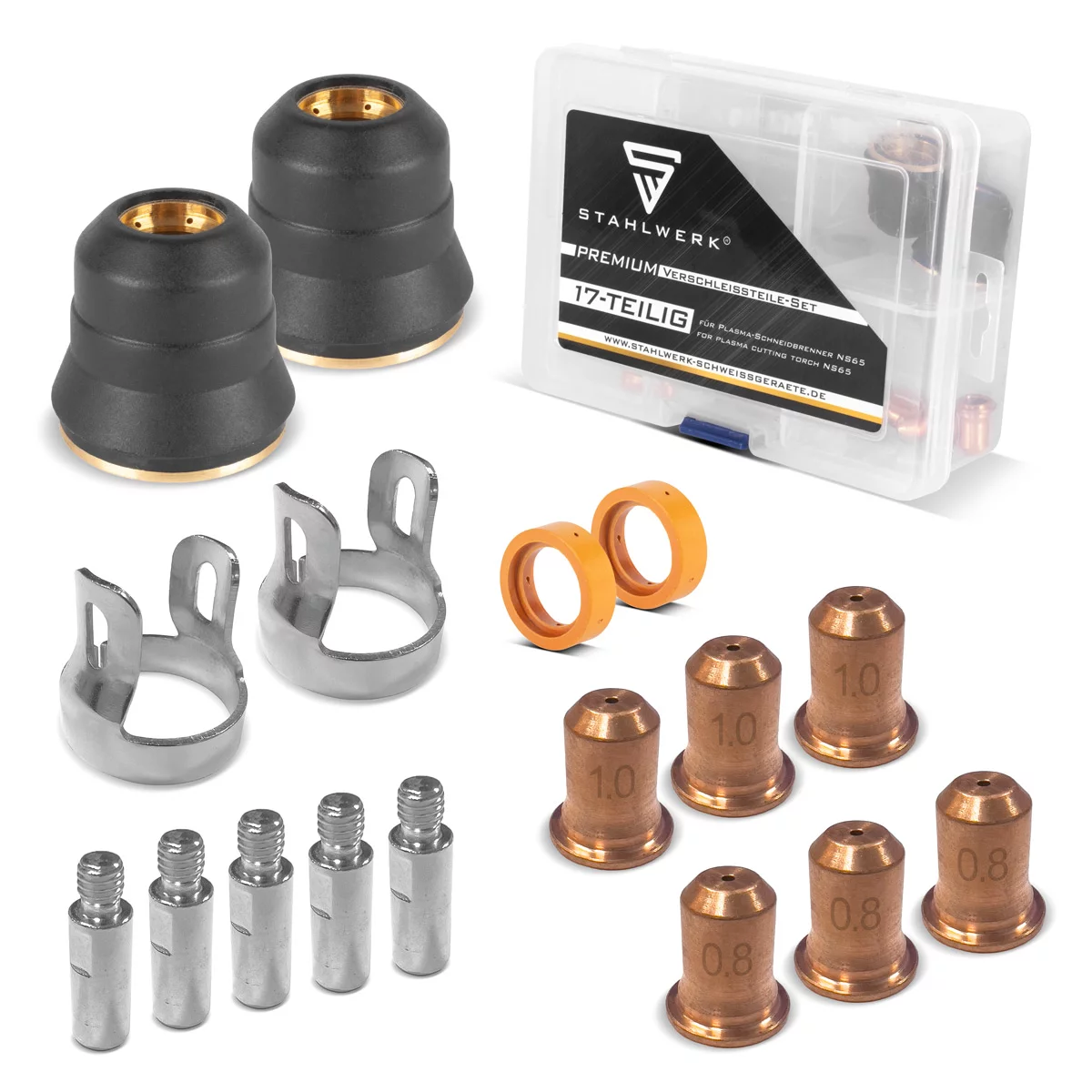 STAHLWERK NS/S65 Plasmazubehör | Verschleißteile für Plasmaschneidbrenner | 17-teiliges Set mit Elektroden, Schneiddüsen 0,8/1,0 mm, Schutzkappen, Stromverteiler, Abstandhalter | Transport-Box