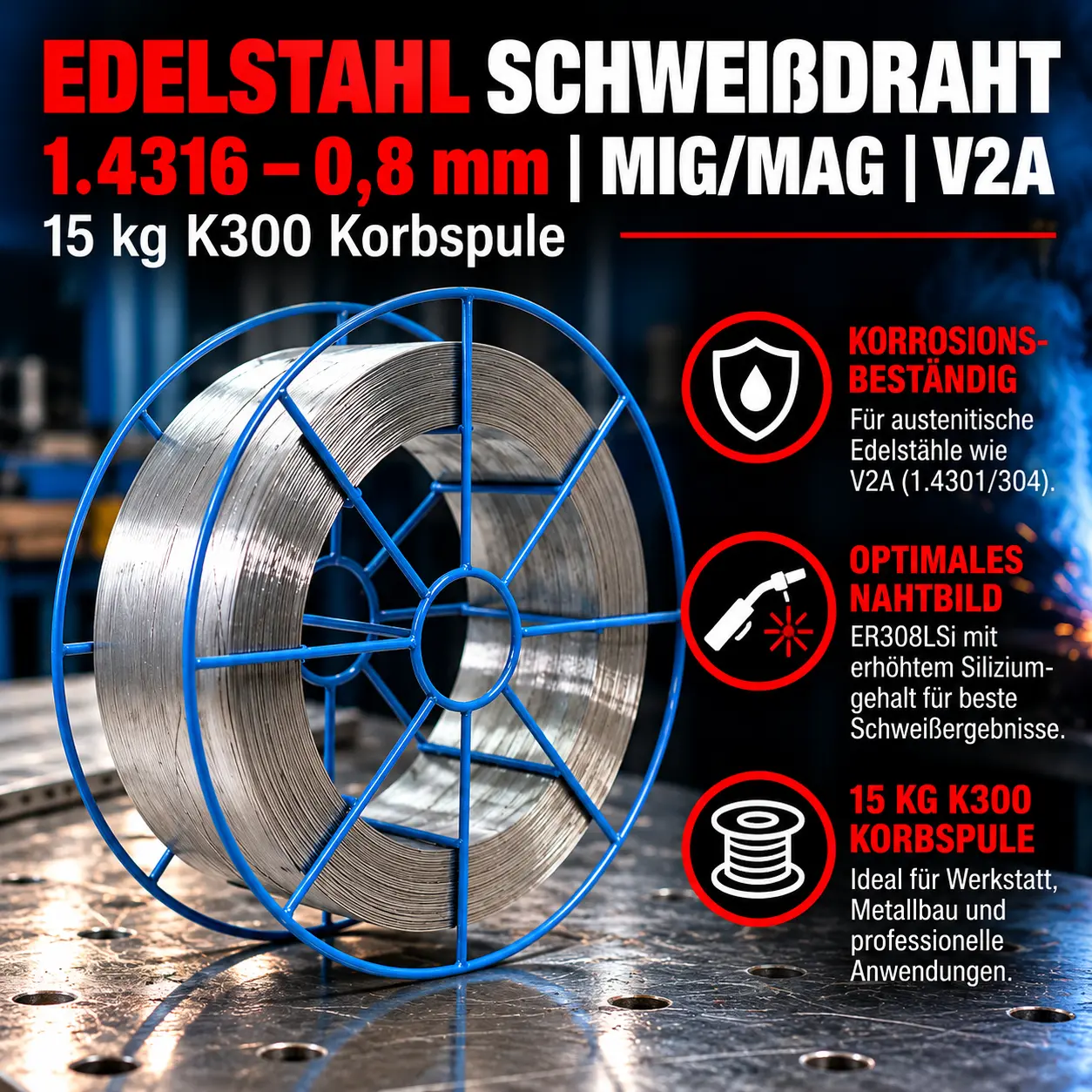 Edelstahl Schweißdraht 1.4316 – 0,8 mm | K300 Korbspule 15 kg | MIG/MAG Draht | V2A