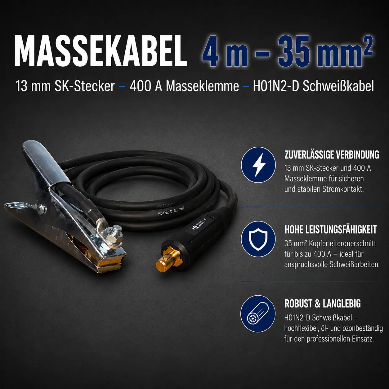 Massekabel 4 m – 35 mm² – 13 mm SK-Stecker – 400 A Masseklemme – H01N2-D Schweißkabel