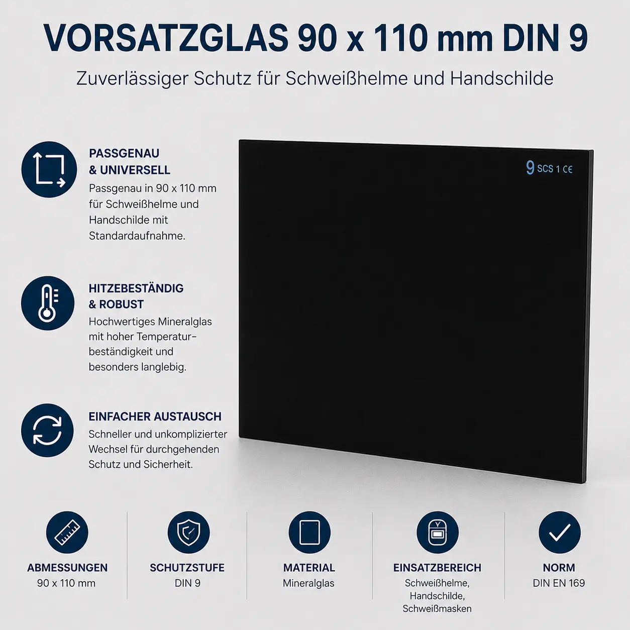 Vorsatzglas 90 x 110 mm DIN 9 für Schweißhelme und Handschilde