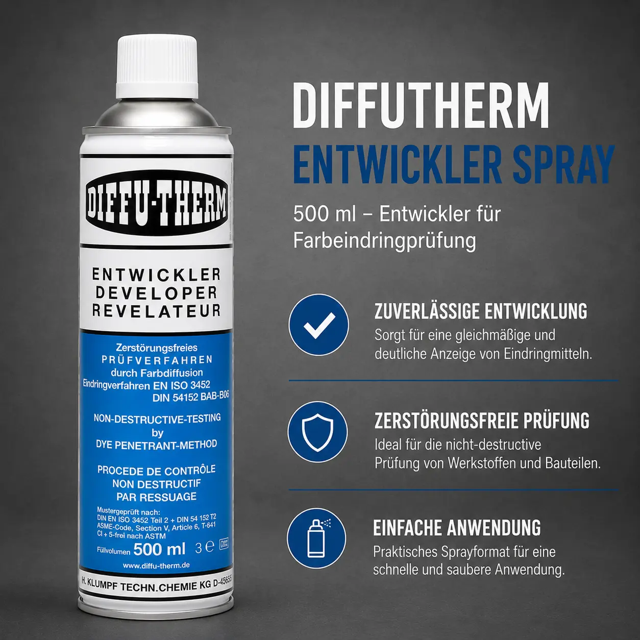 Diffutherm Entwickler Spray 500 ml – Entwickler für Farbeindringprüfung