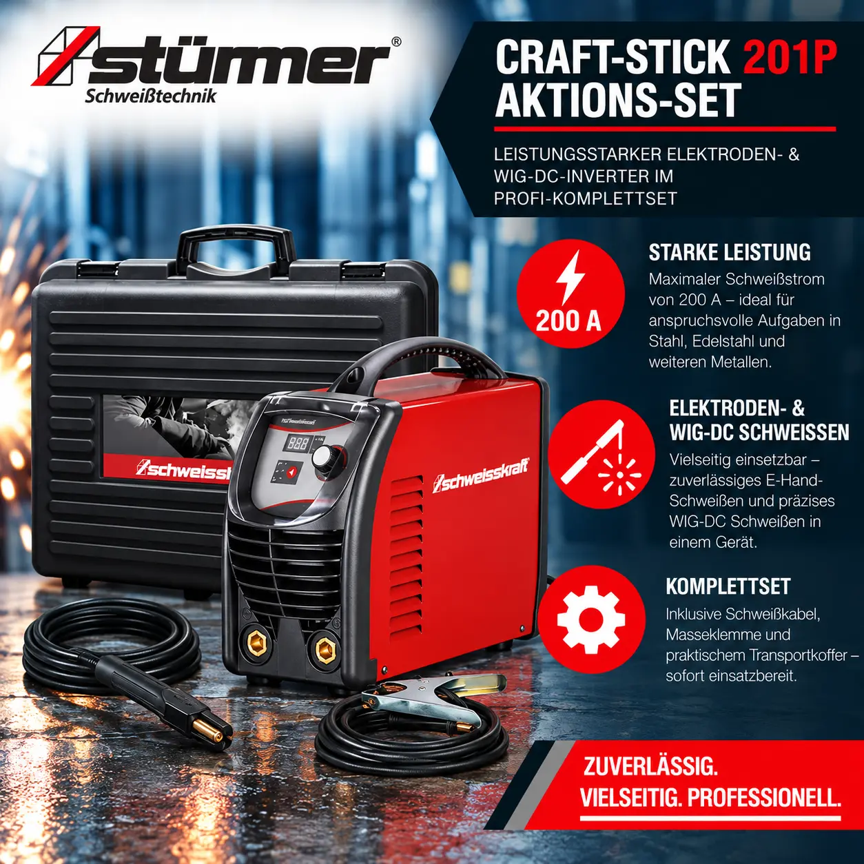 STÜRMER CRAFT-STICK 201P Aktions-Set – Leistungsstarker Elektroden- & WIG-DC-Inverter im Profi-Komplettset