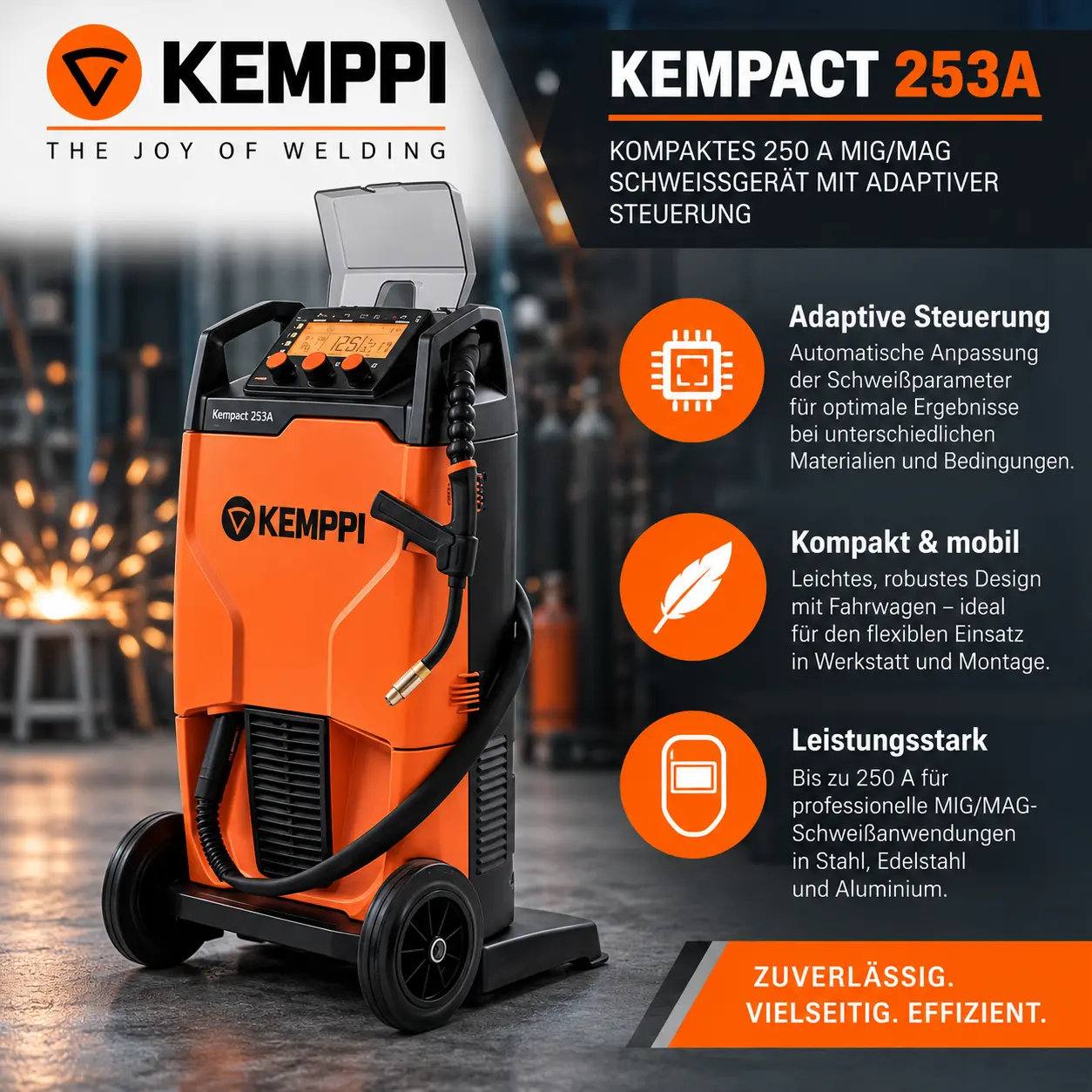 Kemppi Kempact 253A – Kompaktes 250 A MIG/MAG Schweißgerät mit adaptiver Steuerung