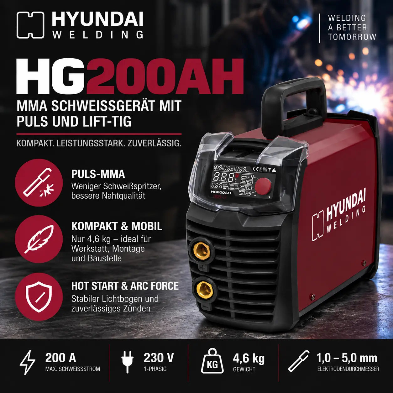 Hyundai Welding HG200AH – 200 A Puls MMA Elektrodenschweißgerät mit Lift-TIG