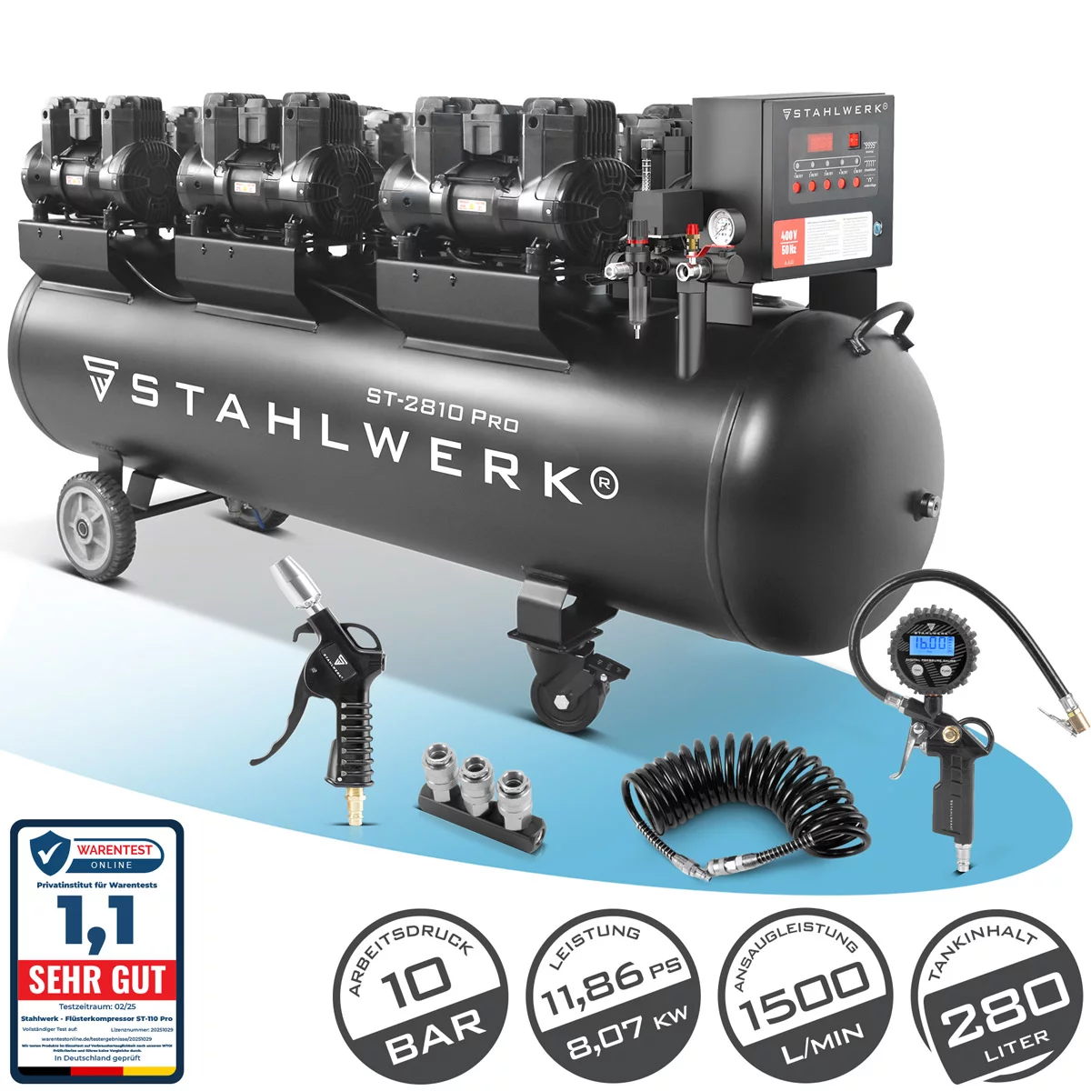 STAHLWERK Kompressor ST-2810 Pro Vollausstattung | 10 bar | 11,83 PS | 8,7 kW | 1500 l/min | 280 L Tank | Ölfrei | Brushless-Motor | 5 Meter Schlauch | Reifenfüller | 3-fach Verteiler | Ausblaspistole