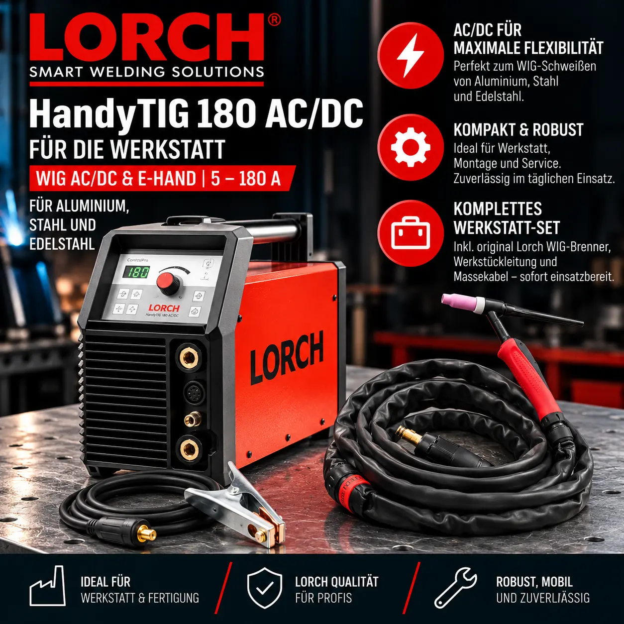 Lorch HandyTIG 180 AC/DC für die Werkstatt – kompakter WIG-Inverter für Aluminium, Stahl & Edelstahl