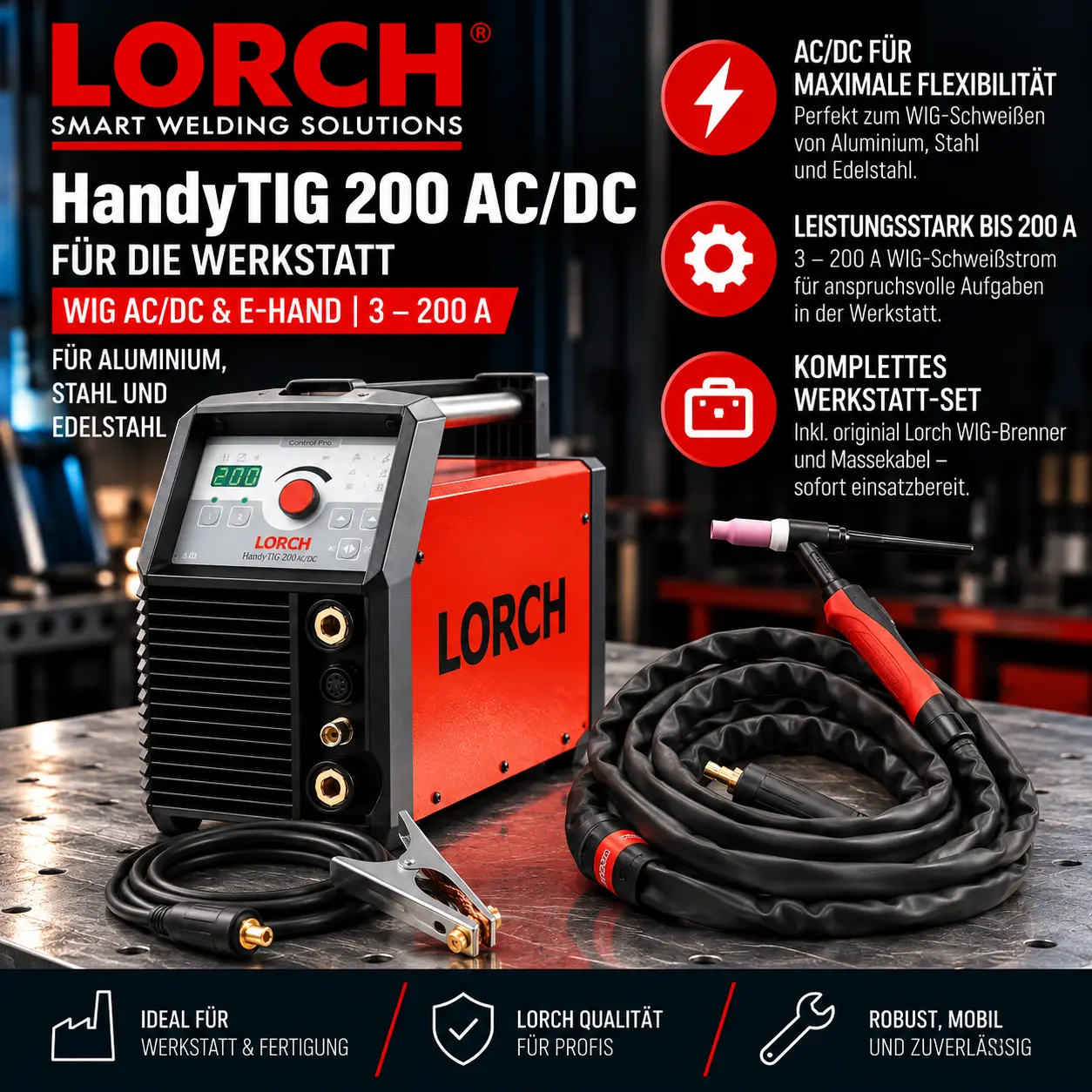 Lorch HandyTIG 200 AC/DC für die Werkstatt – professioneller WIG-Inverter bis 200 A für Aluminium, Stahl & Edelstahl