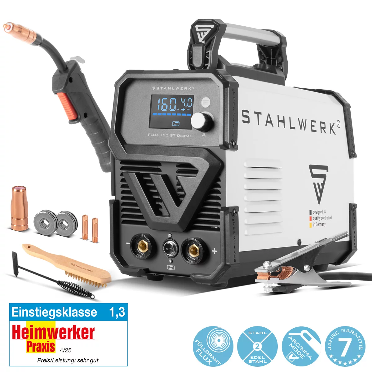 STAHLWERK Schweißgerät FLUX 160 ST Digital mit 160 A, synergischem Drahtvorschub