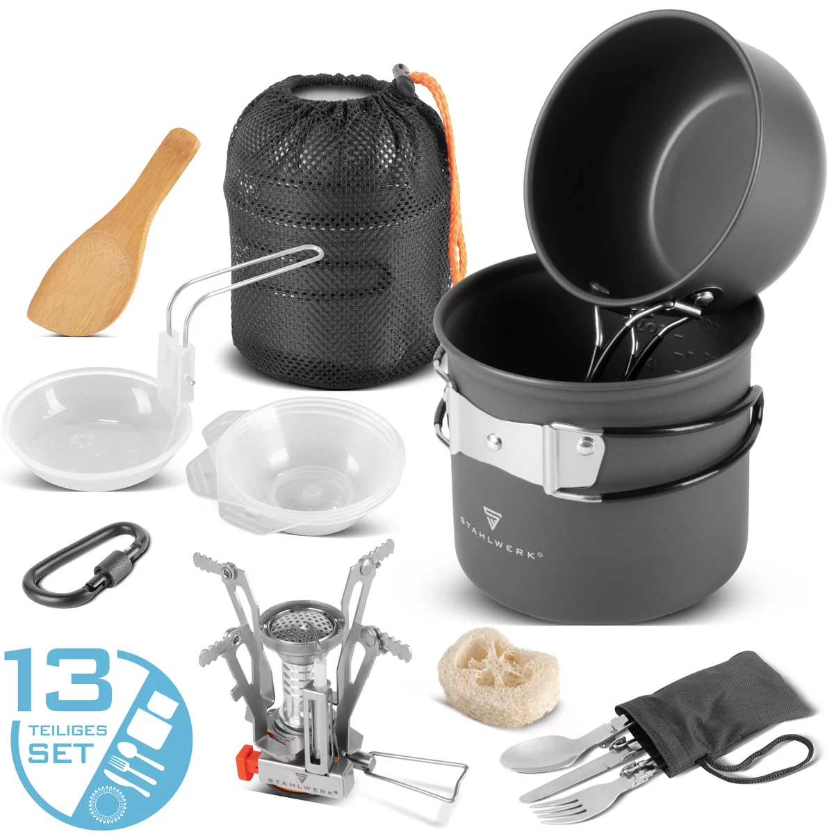 STAHLWERK Camping Kochgeschirr Alu Campinggeschirr Gaskocher Outdoor Set