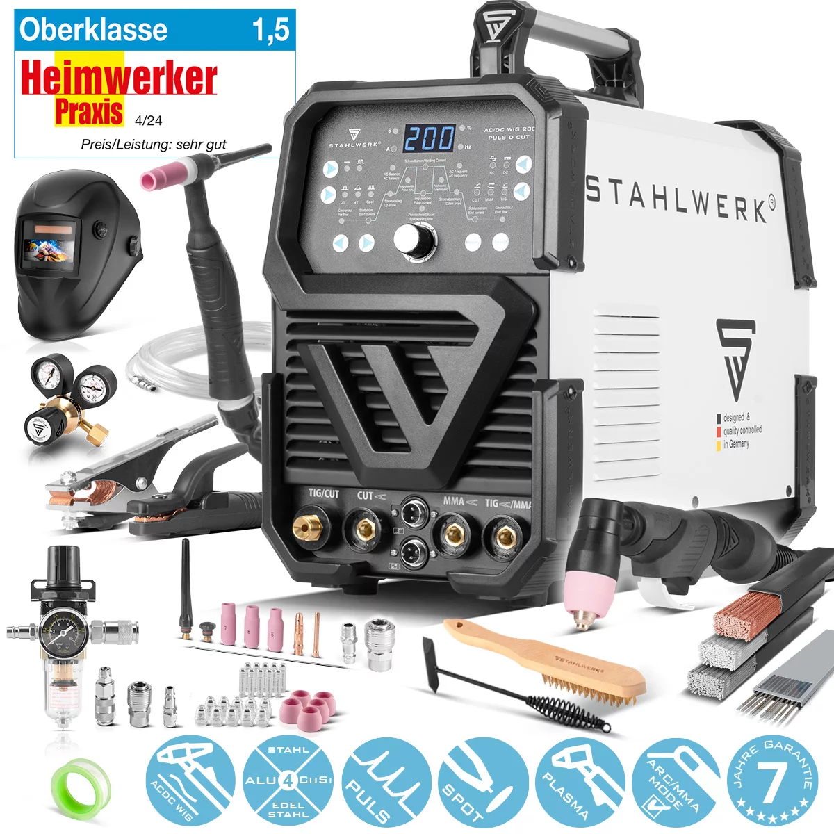 STAHLWERK 4-in-1 Kombi-Schweißgerät AC/DC WIG 200 Puls D CUT Vollausstattung, digitaler 200 A IGBT Inverter mit AC/DC WIG | MMA | Puls-Funktion und integriertem 50 A Plasmaschneider