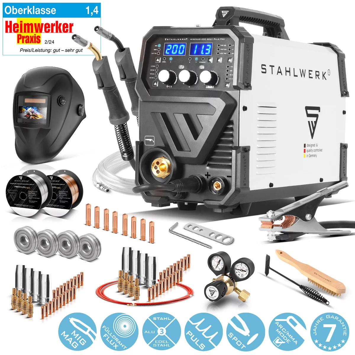 STAHLWERK Schweißgerät MIG MAG 200 Spot Puls Pro Vollausstattung, Vollsynergischer IGBT Inverter, 5in1 Kombigerät mit Spotfunktion und 200 Ampere, Alu | Fülldraht | MIG MAG | ARC MMA | Lift TIG | Puls