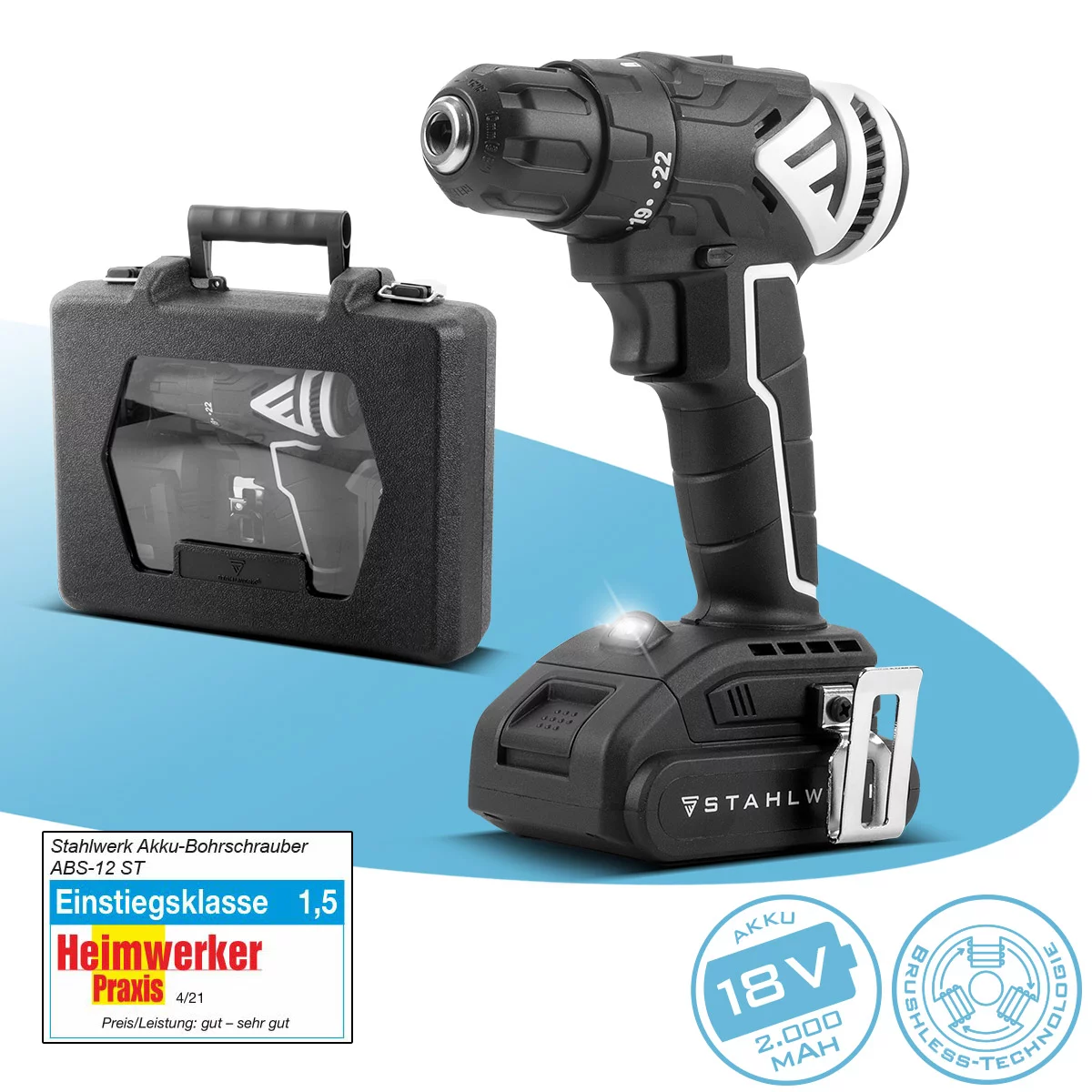 STAHLWERK Akkuschrauber ABS-18 ST mit 18 Volt und Brushless-Technologie, Akku Bohrschrauber | Akku Bohrer | Bohrmaschine | Akku Werkzeug Set inklusive Akku, Aufladegerät und Transportkoffer
