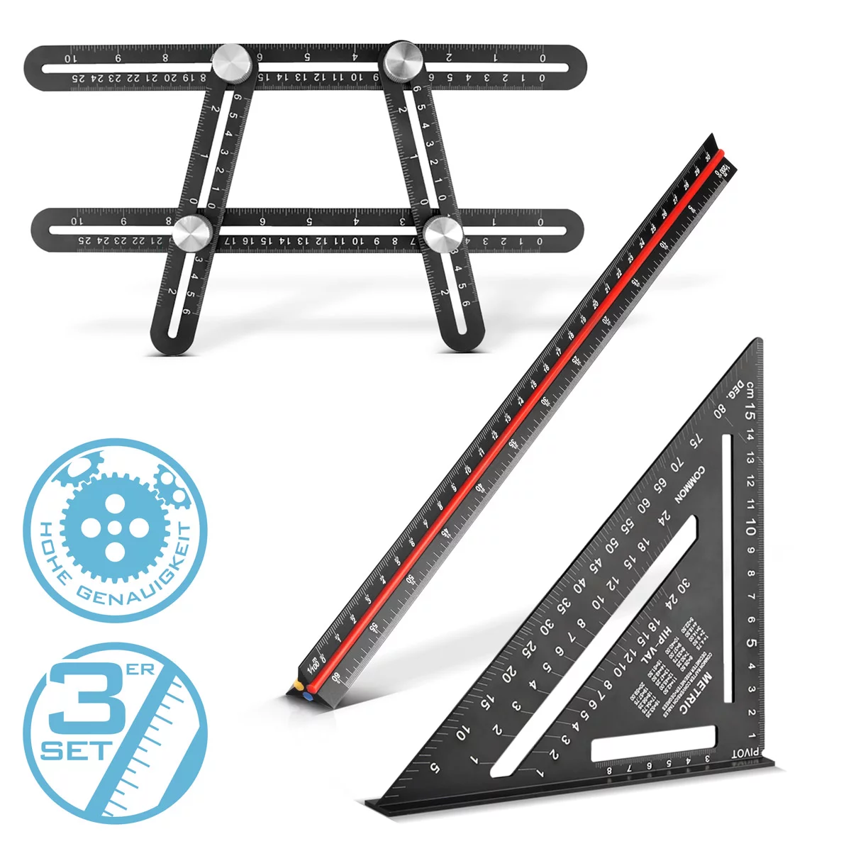 STAHLWERK Lineal Set mit Multiwinkel-Messlineal, Dreikant-Lineal, Winkeldreieck