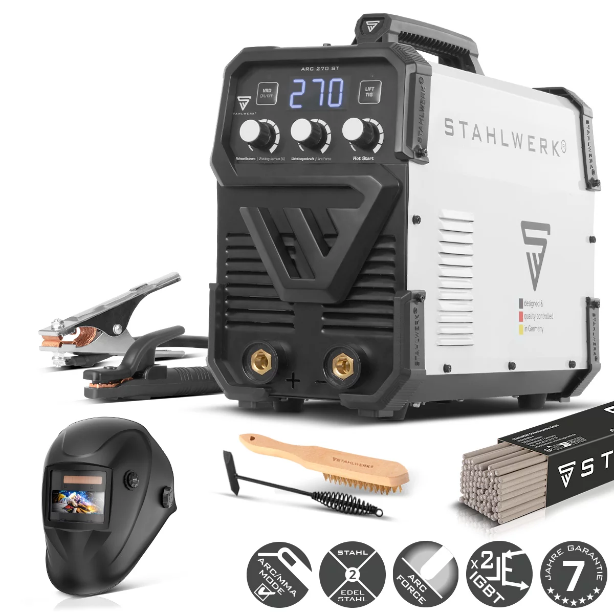 STAHLWERK Schweißgerät ARC 270 ST DC MMA E Hand Inverter mit 270 A Vollausstattung