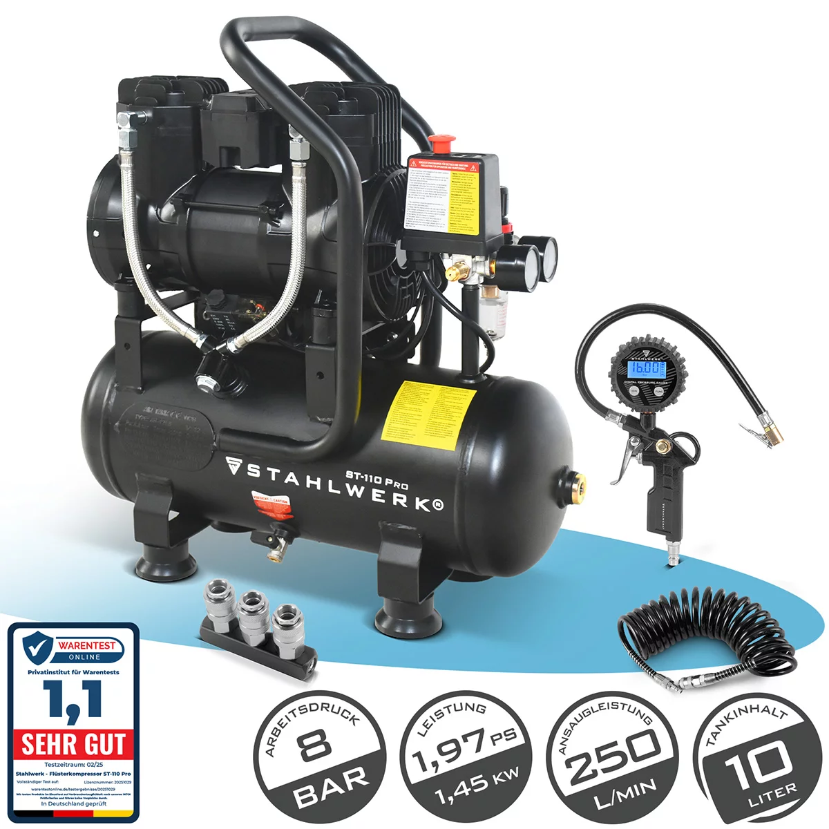 STAHLWERK Kompressor ST-110 Pro Vollausstattung 10 bar 2,1 PS 1,6 kW 210 l/min 10 l Druckluftkompressor