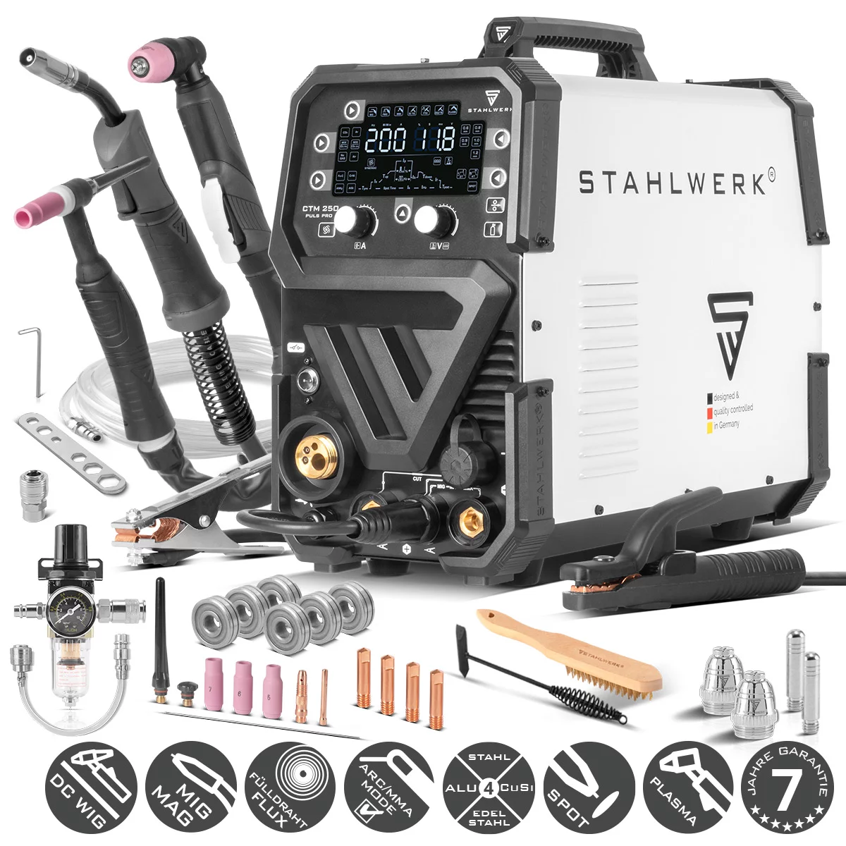 STAHLWERK 6 in 1 Kombi-Schweißgerät CTM-250 Puls Pro mit 200 A und 45 A Plasma-Funktion