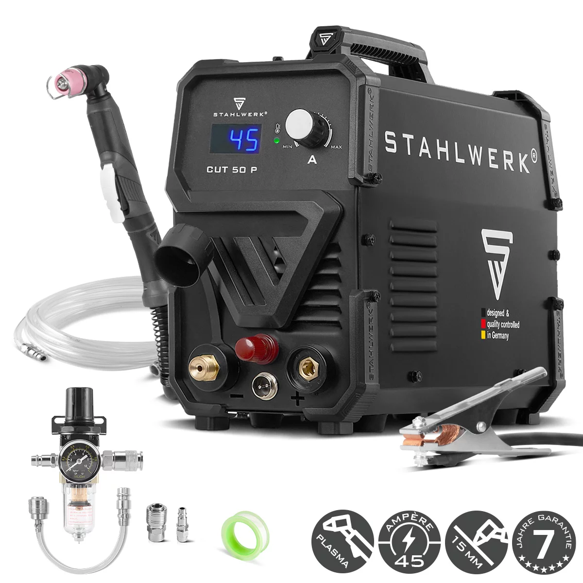 STAHLWERK Plasmaschneider CUT 50 P | 45 A Inverter-Plasmaschneider | HF-Pilotzündung | Digitalanzeige | Schneidleistung bis 15 mm | Smart-Kühlung | Einfache Bedienung | Viel Zubehör