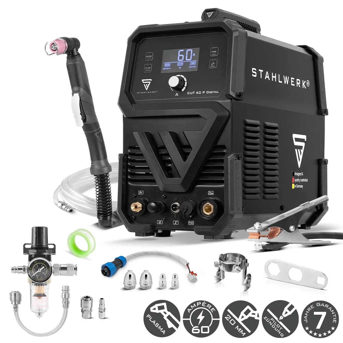STAHLWERK Plasmaschneider CUT 60 P Digital | 60 A Inverter-Plasmaschneider | HF-Pilotzündung | Digitalanzeige | THC-Schnittstelle für CNC | Schneidleistung bis 20 mm | Plasma Cutter mit 2T/4T-Funktion