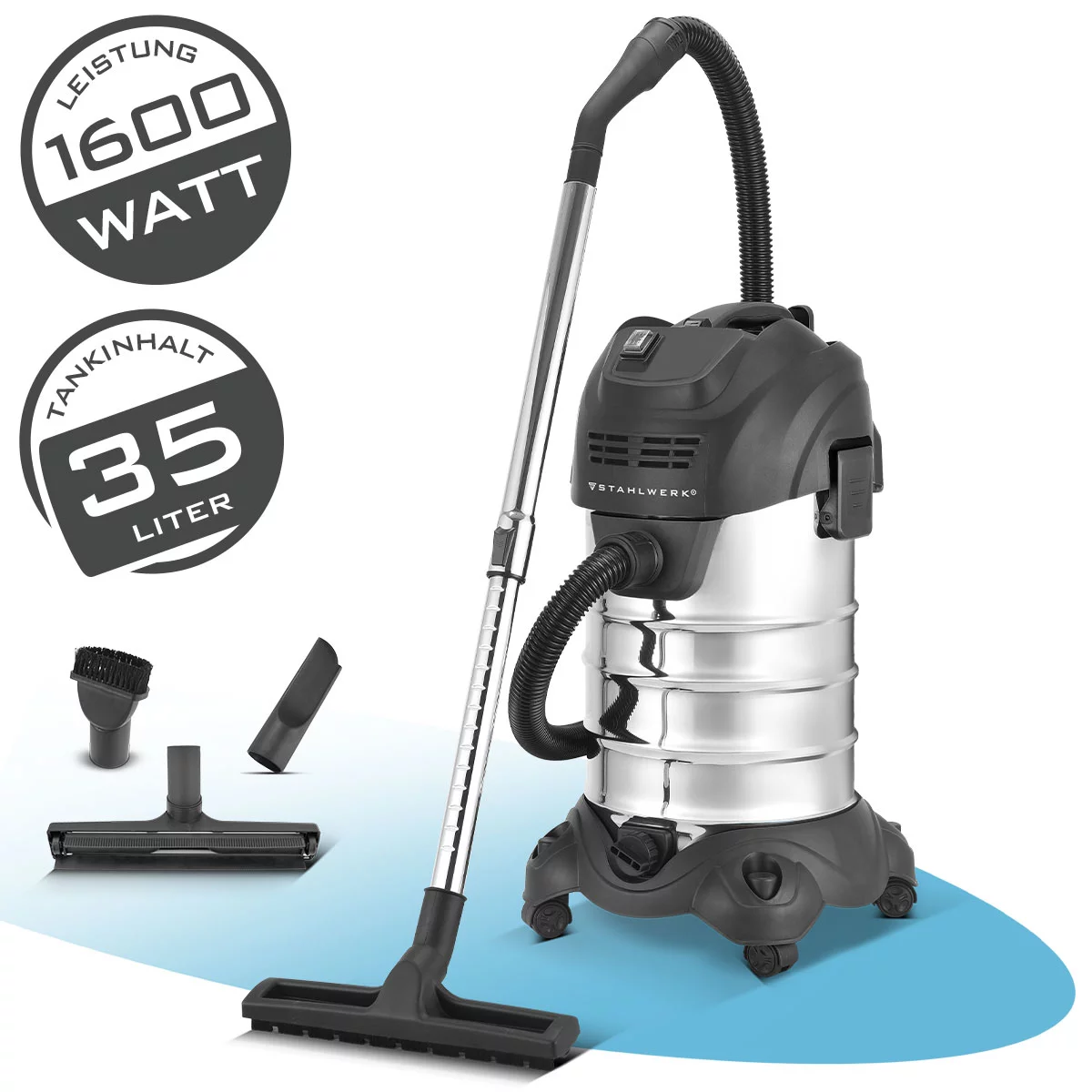 STAHLWERK Nass- und Trockensauger VCL-1600 ST | 1600 W Industriesauger mit 35 l Edelstahlbehälter | Blasfunktion und Sicherheitsabschaltung | Umfangreiches Zubehörpaket | Robuster Werkstattsauger