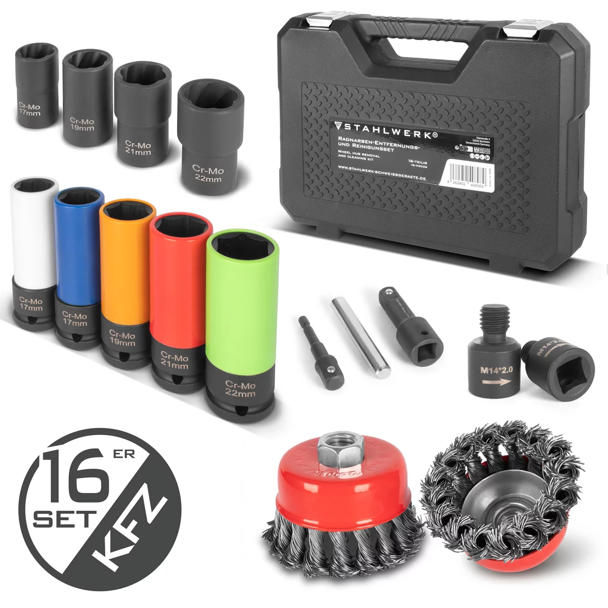 STAHLWERK Radnaben-Demontage- und Reinigungs-Set | 16-teilig | 4 Ausdrehnüsse | 5 Schonnüsse | 1/2" Antrieb | 17–22 mm | 2 Topfbürsten 65/75 mm mit Adapter M14 x 2 | Stecknuss-Satz | 12 mm Durchschlag