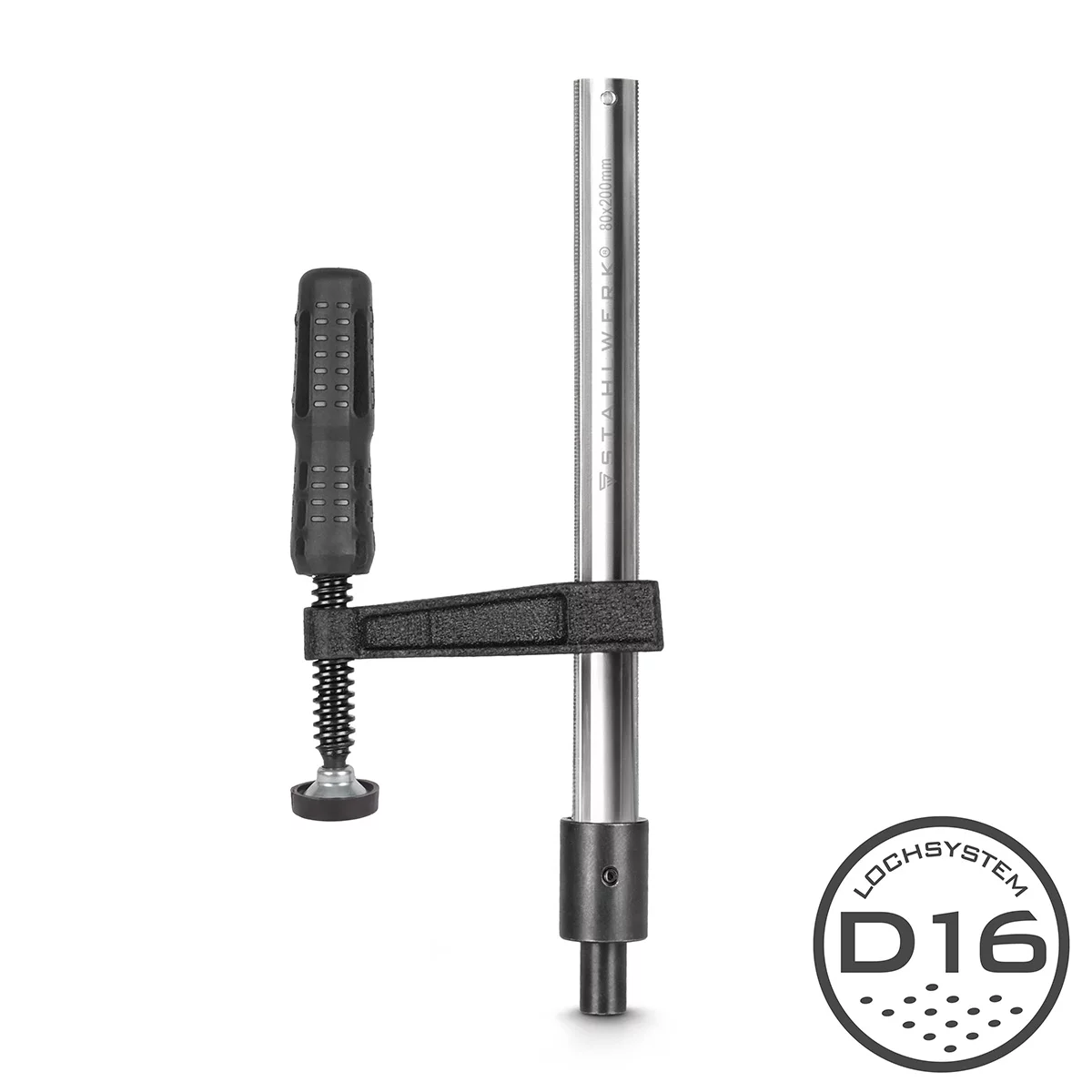 STAHLWERK Spannzwinge für Schweißtische| F-Clamp mit Spannbereich 80 x 200 mm| D 16 Lochsystem | Fixiert Werkstücke sicher | Vernickelter Schaft | Profil-Führungsschiene | Vollgummierter Knebelgriff