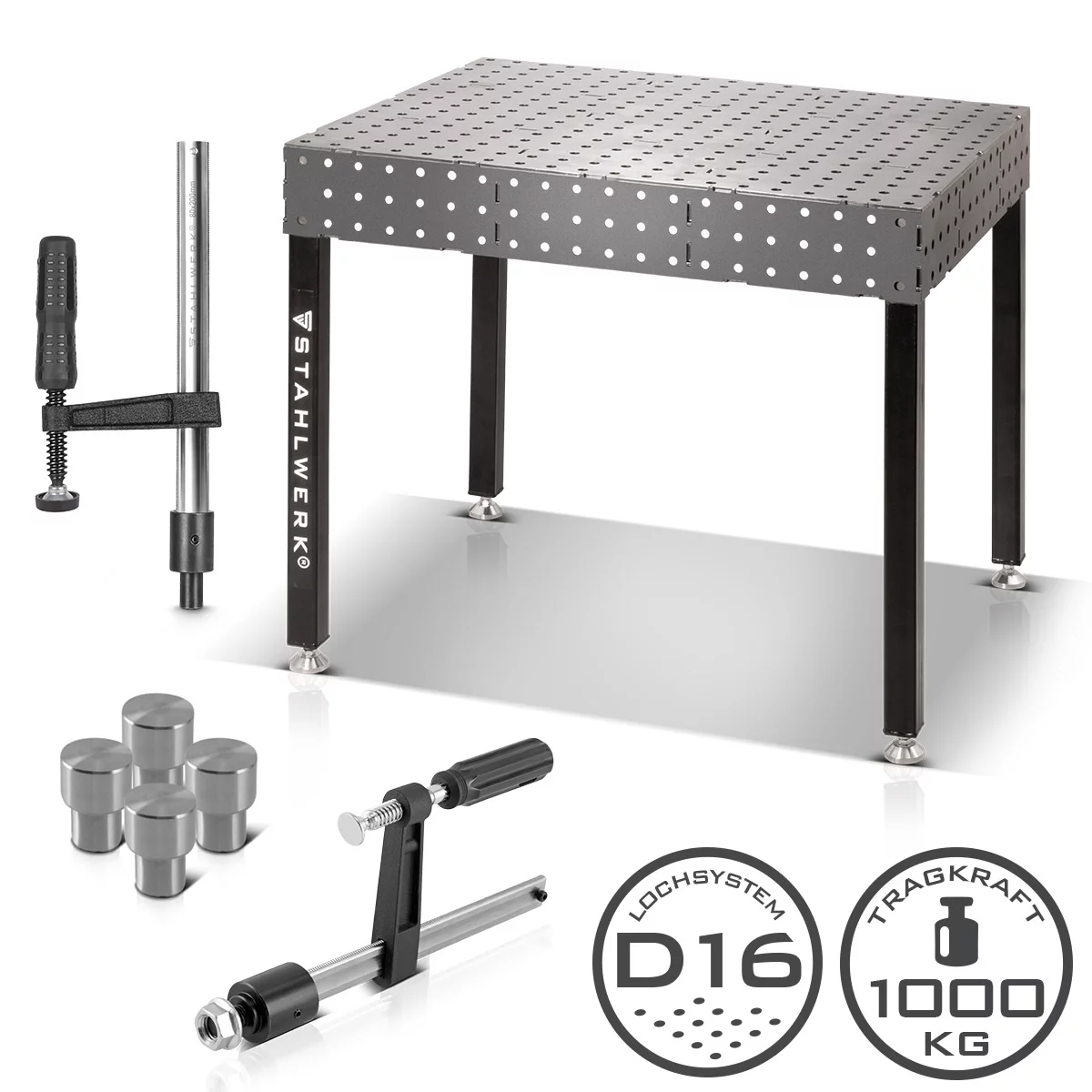 STAHLWERK Schweißtisch-Set | Robuster 3D-Schweiß- und Montagetisch mit D16 Lochsystem | 6 mm Arbeitsplatte | DIY-Bausatz im Set mit Fixier-, Schraub- und Spannzwingen | 4 Spann- und Zentrierbolzen
