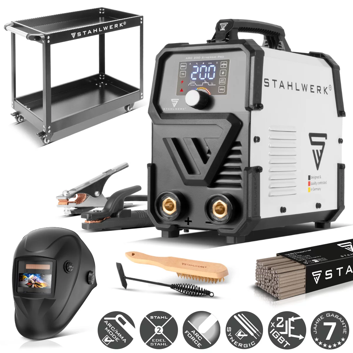 STAHLWERK Elektroden-Schweißgerät ARC 200 Synergic Pro mit 200 Ampere | Vollausstattung | Schweißhelm | Elektroden | Gerätewagen | Vollsynergisch | MMA/E-Hand | Lift-TIG Inverter | IGBT Technologie