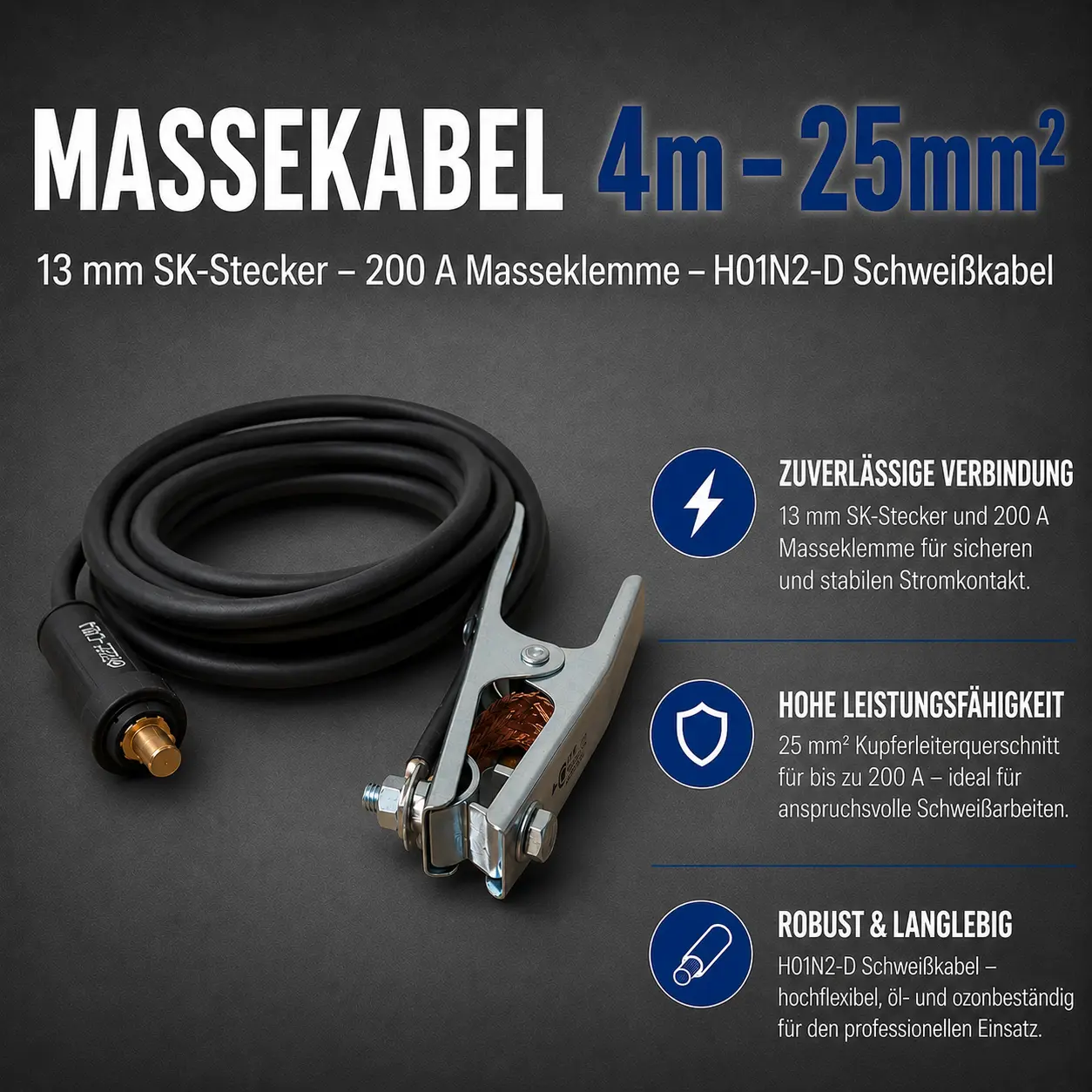 Massekabel 4 m – 25 mm² – 13 mm SK-Stecker – 200 A Masseklemme – H01N2-D Schweißkabel