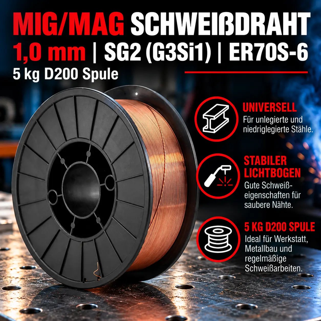 MIG MAG Schweißdraht 1,0 mm SG2 (G3Si1) ER70S-6 – 5 kg D200 Spule