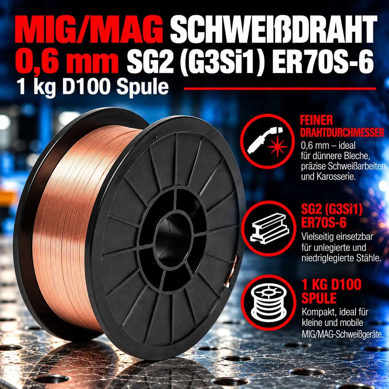 MIG MAG Schweißdraht 0,6 mm SG2 (G3Si1) ER70S-6 – 1 kg D100 Spule