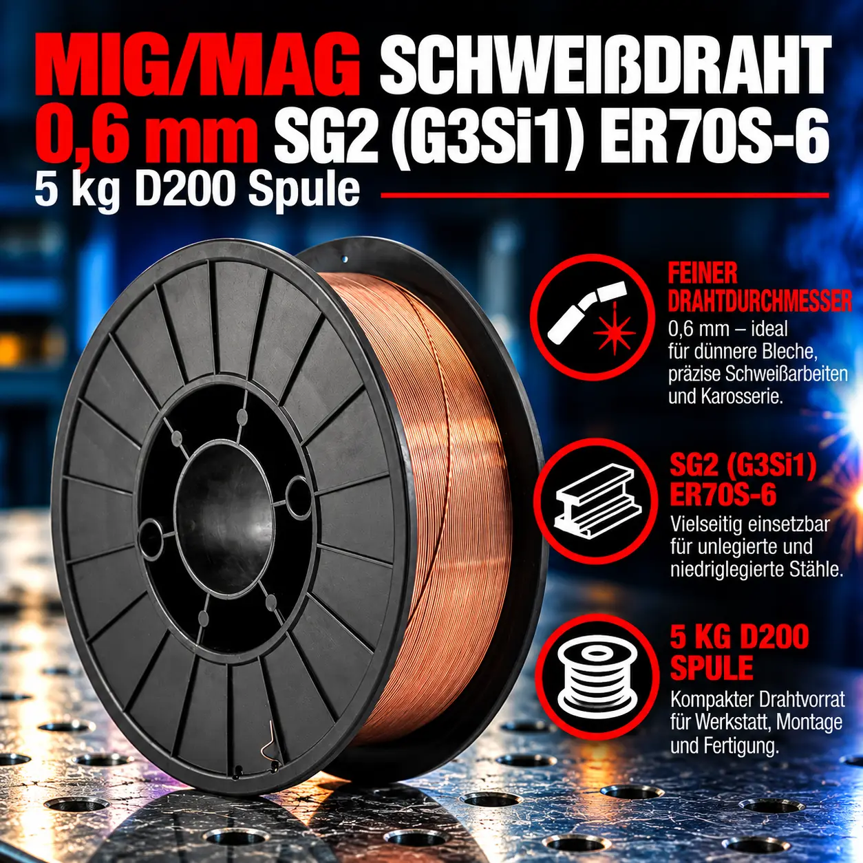 MIG MAG Schweißdraht 0,6 mm SG2 (G3Si1) ER70S-6 – 5 kg D200 Spule