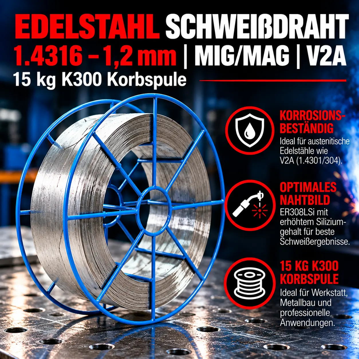 Edelstahl Schweißdraht 1.4316 – 1,2 mm | K300 Korbspule 15 kg | MIG/MAG Draht | V2A