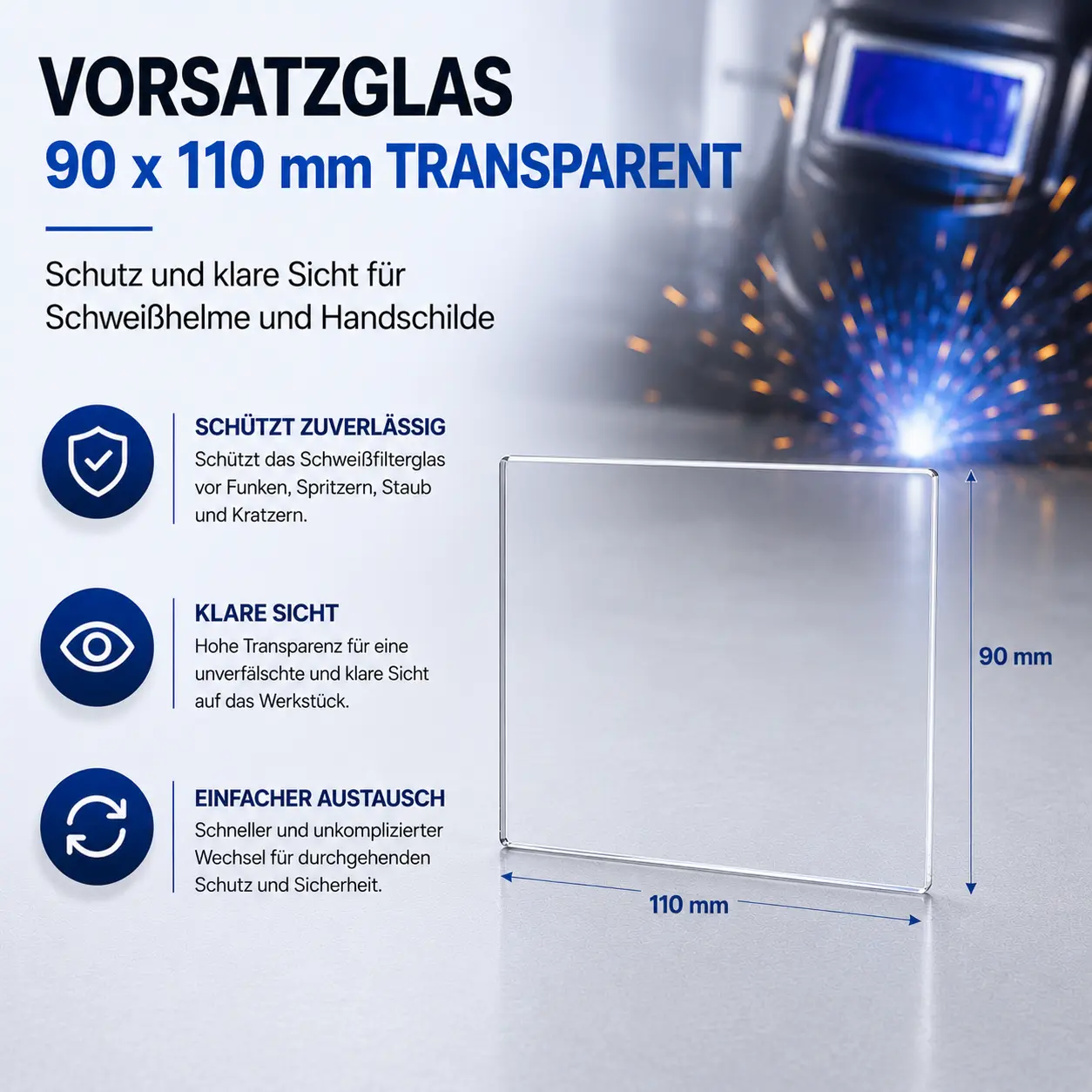 Vorsatzglas 90 x 110 mm Transparent für Schweißhelme und Handschilde