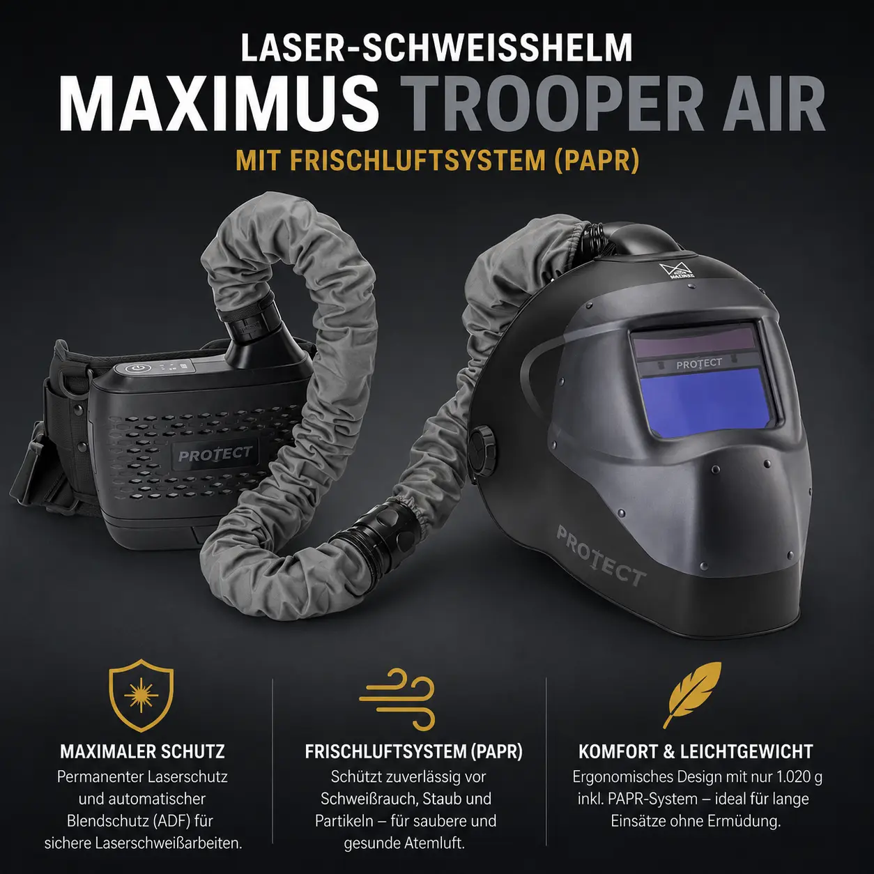 Laser-Schweißhelm MAXIMUS Trooper Air – Laserschutzhelm mit PAPR-Frischluftsystem