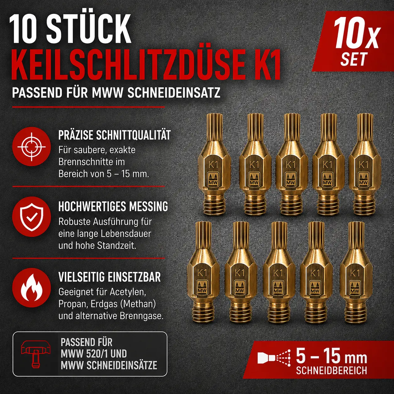 10 Stück Keilschlitzdüse K1 – Schneiddüsen 5–15 mm passend für MWW Schneideinsatz