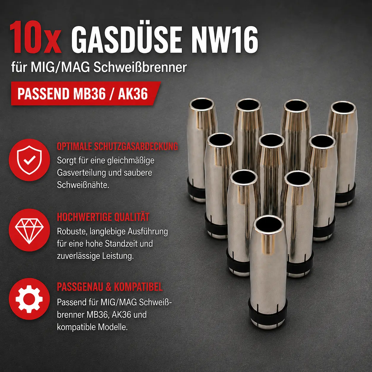10x Gasdüse NW16 für MIG/MAG Schweißbrenner – passend MB36 / AK36